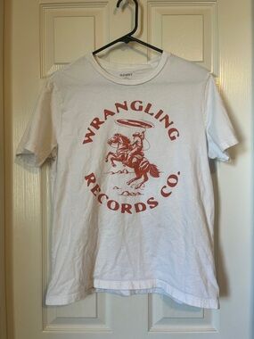 Old Navy White Short-Sleeve Tee with Red Wrangling Records Graphic